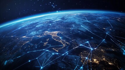 Wall Mural - An illustration representing communication technology for internet business, showcasing a global network of telecommunication connections across the Earth.