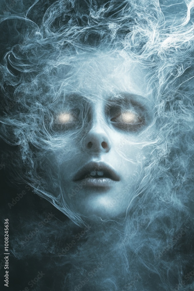 A ghostly figure with glowing eyes emerges from the mist, creating a ...