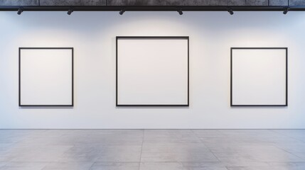 Empty gallery wall with three blank frames, modern space, white isolated background.