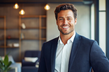 Confident young businessman in a modern office, smiling and exuding professional charm and leadership presence.