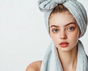 Young woman with towel on head, fresh face beauty portrait on white background.