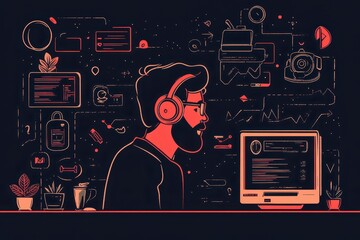 Illustration of a focused programmer working at a computer with headphones, surrounded by digital icons and interface elements.