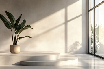 Wall Mural - Minimalist Interior with White Concrete Podium, Plant, and Sunlight.