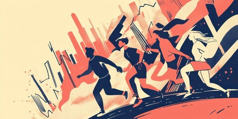 Illustration of diverse people running in a stylized cityscape. Modern urban life concept with dynamic action and abstract elements.