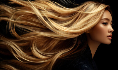 a beautiful woman with long blonde hair, flowing blonde hair that is shiny and smooth, a black backg