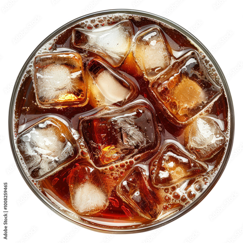 Glass of cola with ice top view isolated on transparent white ...