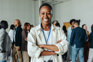 Wall Mural - smiling female professional with braids at a business conference in an office setting
