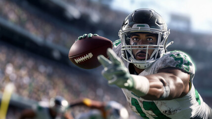 A football player catching a pass mid-air, with defenders running to intercept, set against a stadium backdrop.