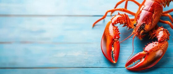 Close-up of a fresh, vibrant lobster on a rustic blue wooden table, emphasizing its red color and details, perfect for seafood culinary or restaurant themes.