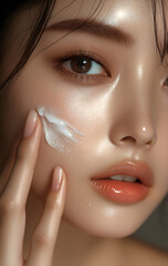 Wall Mural - an Asian woman's face with delicate skin, applying white cream to her cheek against a clean background