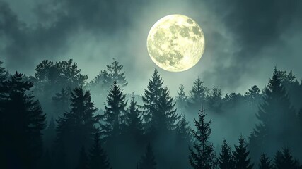 Wall Mural - A full moon shines over a misty forest, casting an ethereal glow on the towering pines