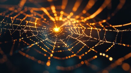 Glowing spiderweb with golden bokeh effect.