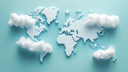 Wall Mural - 3D World Map with Fluffy Clouds on a Light Blue Background.