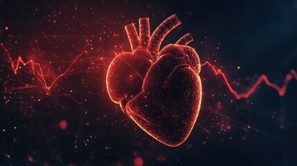 Wall Mural - Red glowing heart-shaped object made of connected points and lines on a dark blue background.