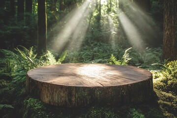 Wall Mural - sunbeams illuminate a wooden stump in a lush green forest.