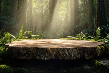 Wall Mural - tree stump in a forest with sunbeams breaking through the canopy.