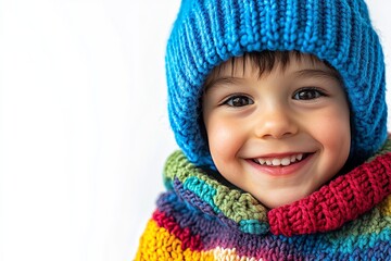 Portrait of an adorable little boy peeking out from under a fluffy blue beanie