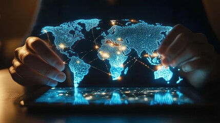 Poster - close-up of hands holding a glowing, digital world map, highlighting global connections.