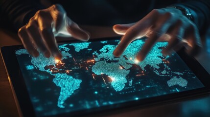 Poster - a person's hands are reaching out to a tablet displaying a glowing, digital map of the world.