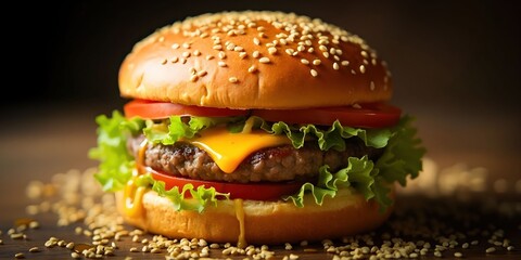 a close-up shot of a delicious cheeseburger featuring a juicy beef patty, melted cheese, fresh lettu