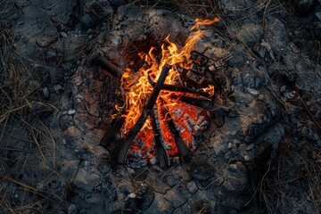 Dancing flames illuminate the night in a rustic campsite surrounded by nature