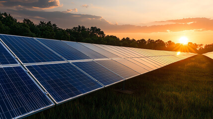 Solar panels reflecting sunlight during sunset near a field.