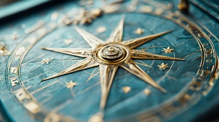Detailed ancient star map depicting celestial bodies moving around the earth in a golden circle, the earth in a blue sea, and stars in the background.