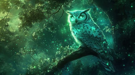 Wall Mural - A glowing green owl perched on a branch with fireflies in the night forest.