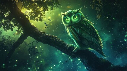 Wall Mural - A green owl with glowing eyes sits on a tree branch in a magical forest.