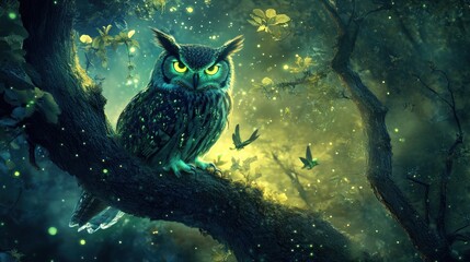 Wall Mural - A majestic owl perched on a tree branch surrounded by glowing fireflies in a mystical forest.