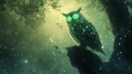 Wall Mural - A majestic owl perched on a tree branch, with glowing green eyes and feathers, surrounded by a magical green mist.