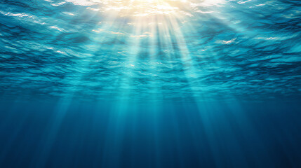 Underwater scene with sun rays illuminating the deep ocean.