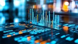 The digital financial chart graphs, diagrams and indicators have a blurry background in a perspective view of business investing, stock market growth, and data concepts.
