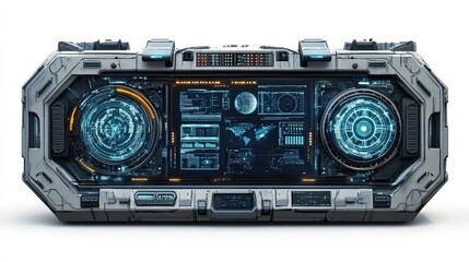 Futuristic Control Panel with Circular Displays and Digital Data