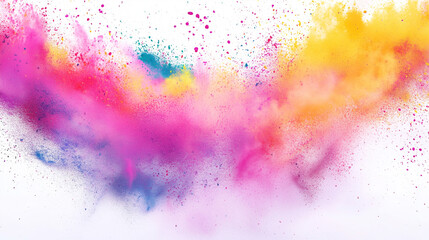 Happy Holi colorful background. Festival of colors, colorful rainbow holi paint color powder explosion isolated white wide panorama background
