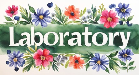 Wall Mural - Laboratory word lettering with watercolor painting flowers on plain white background