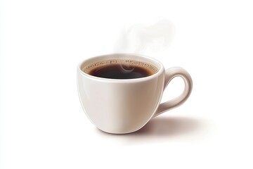 front view of Steaming cup of coffee placed in the center of the picture, on white background.