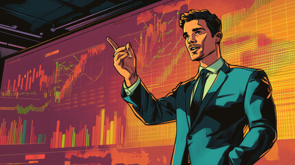 Wall Mural - A businessman gives a presentation about a business idea, using hand gestures. The visuals have a retro, comic book style.