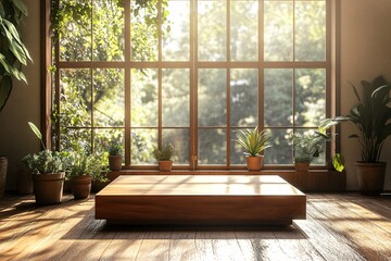 Wooden display platform in a room with a window view of a lush green forest and potted plants.