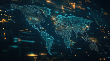 Canvas Print - A digital world map with glowing blue and yellow dots and lines on a black background.