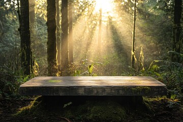 Wall Mural - wooden platform in a forest with morning light coming through the trees.