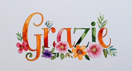 Wall Mural - grazie word lettering with watercolor painting flowers on plain white background