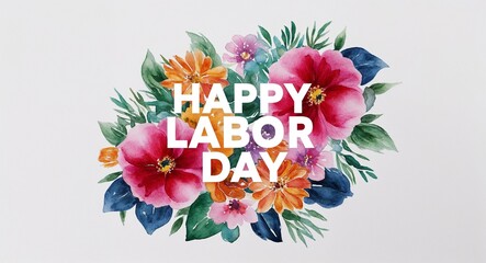 Wall Mural - happy labor day word lettering with watercolor painting flowers on plain white background