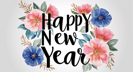 Wall Mural - happy new year word lettering with watercolor painting flowers on plain white background