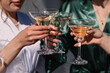© Serhii - Bride and bridesmaid celebrate bachelorette spa party. Cheers. Pretty young ladies friends wear silk robes hold glasses with champagne in hotel. Closeup three female hands holding cocktails and drink.