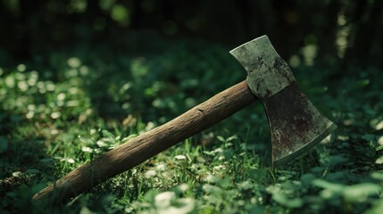 Rusty axe lying in a grassy field, with a blurred forest background.