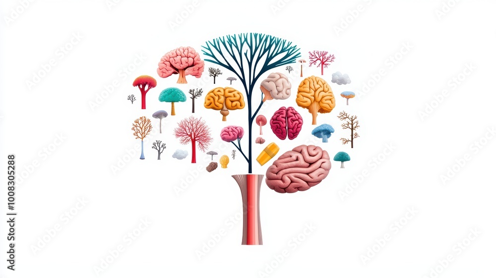 Illustration depicting the structure of a human brain, with labeled ...