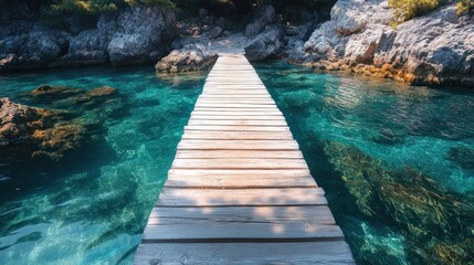 Wall Mural - Wooden path leading to turquoise water between rocks.