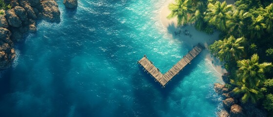 Wall Mural - Stunning aerial view of a tropical beach with a wooden pier surrounded by vibrant blue waters and lush greenery