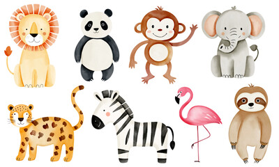 wild jungle animals. watercolor african zebra, elephant, panda, monkey, lion. hand drawn safari anim